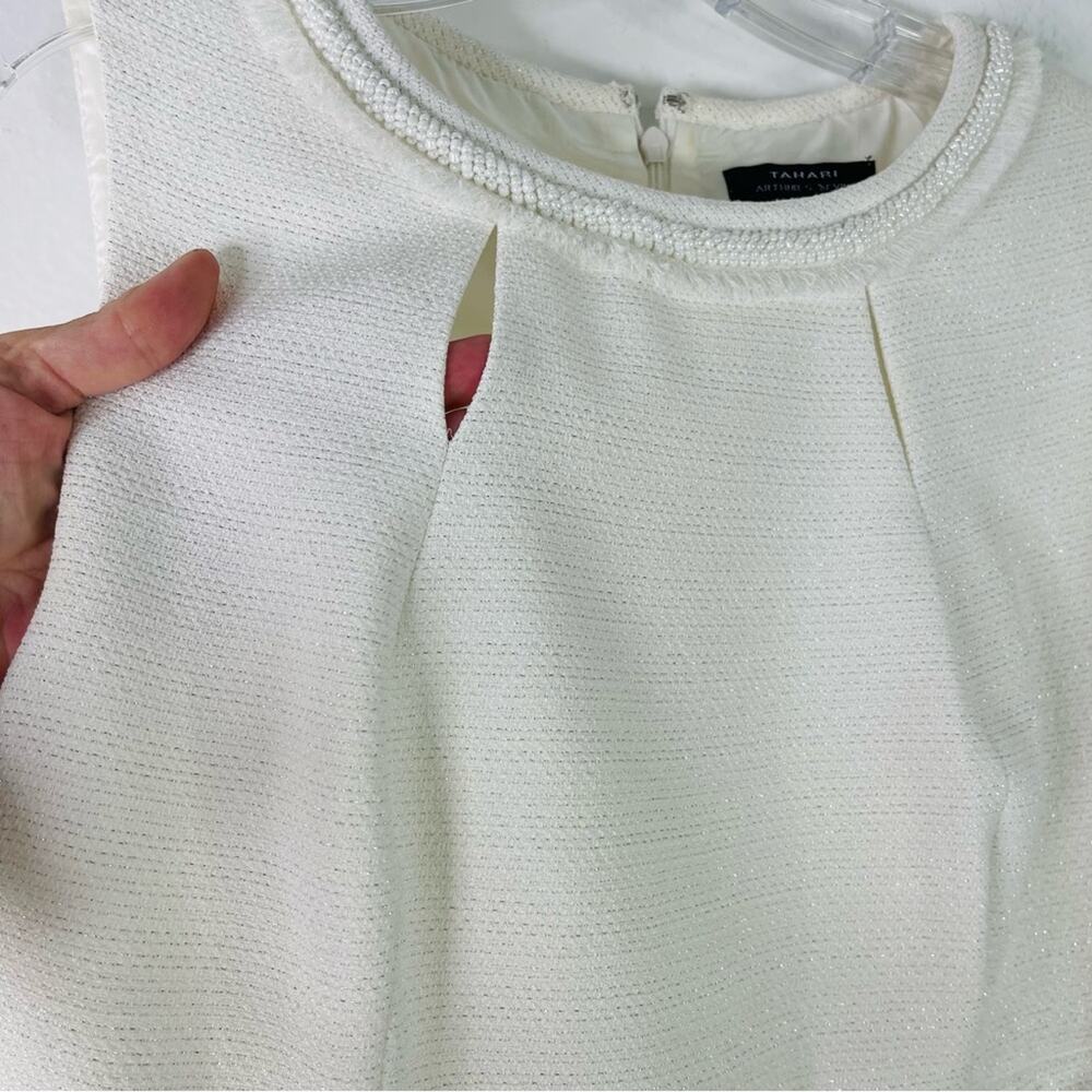 Tahari white pearl fringe cut out wedding evening office midi dress 6P - Picture 5 of 10